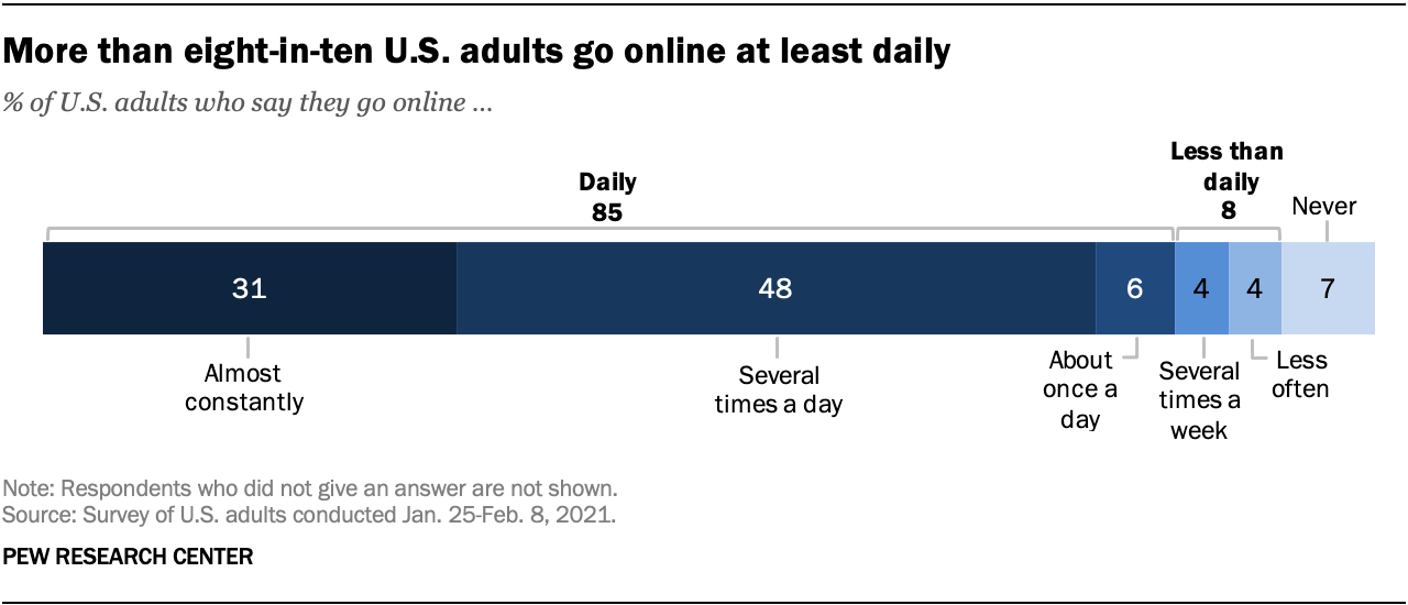 Codzienne korzystanie z internetu przez dorosłych w USA